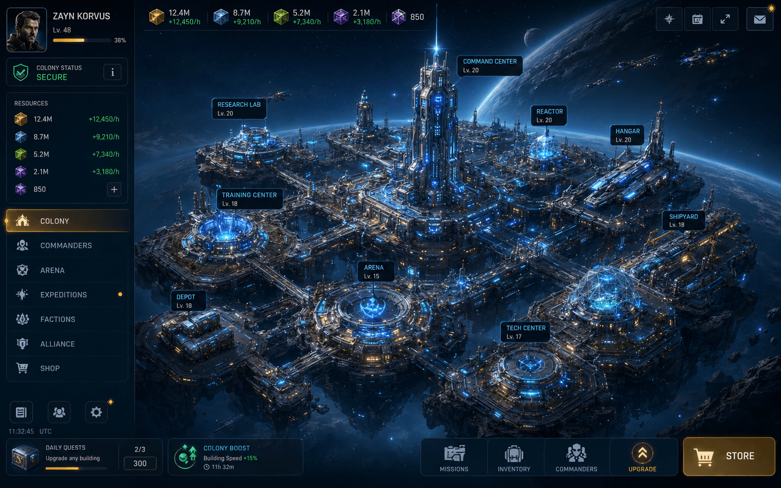 In-game colony overview: a secure space colony with resource readouts, building levels, and command navigation.