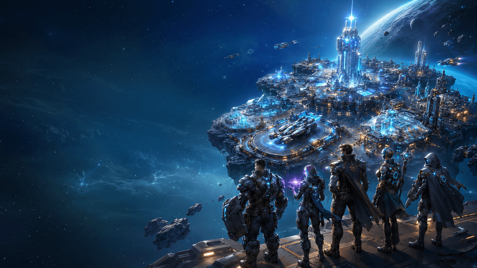 A luminous space colony crowned by a glowing tower, with a squad of heroes gazing toward a nearby planet.